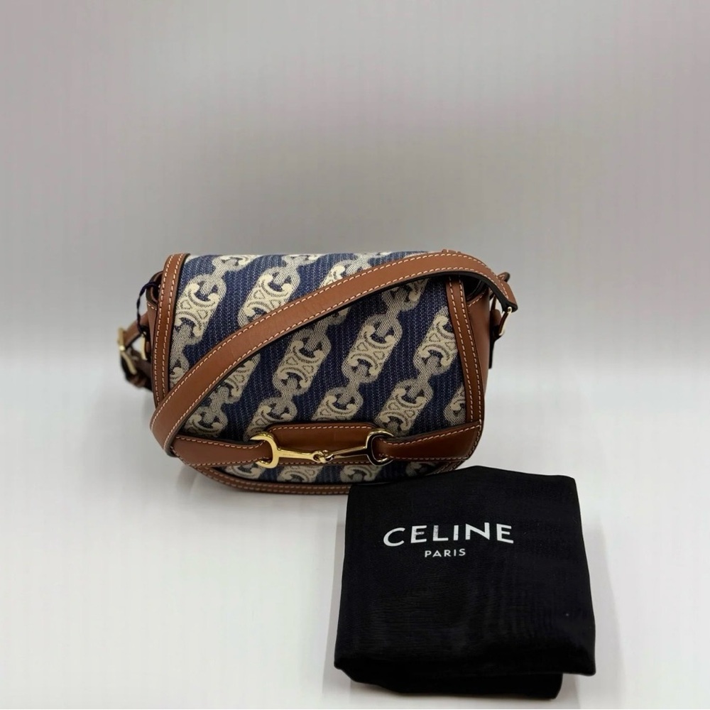 Celine Maillon Triomphe Jacquard Canvas Calfskin Small Crecy Bag Navy Tan